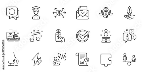 Outline set of Teamwork, Crowdfunding and Voice wave line icons for web application. Talk, information, delivery truck outline icon. Include Phone payment, Electricity, Equity icons. Vector