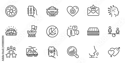 Outline set of Sports stadium, Insomnia and Vip mail line icons for web application. Talk, information, delivery truck outline icon. Include Shield, Equity, Health app icons. Vector