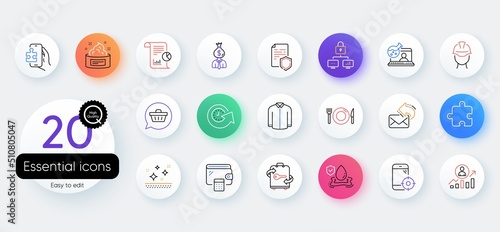 Simple set of Data security, Online chemistry and Update time line icons. Include Report, Food, Lock icons. Wallet, Puzzle game, Clean skin web elements. Share mail, Shopping cart, Seo phone. Vector