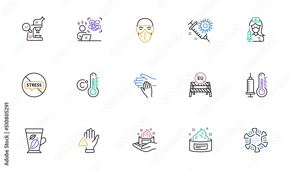 Volunteer, Microscope and Thermometer line icons for website, printing. Collection of Medical mask, Skin cream, Celsius thermometer icons. Eu close borders, Mint leaves, Skin care web elements. Vector