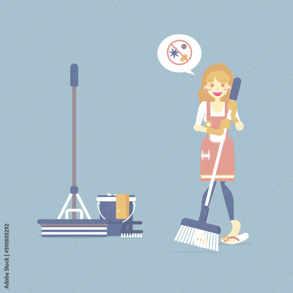 Fototapeta premium Female house cleaner, woman holding broom with mop, bucket, chore, cleaning concept, flat cartoon character design vector illustration