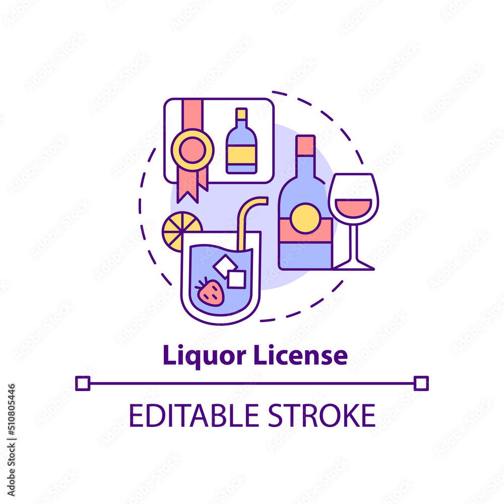 Liquor license concept icon. Permit to serve alcohol abstract idea thin line illustration. Alcoholic beverages consumption. Isolated outline drawing. Editable stroke. Arial, Myriad Pro-Bold fonts used