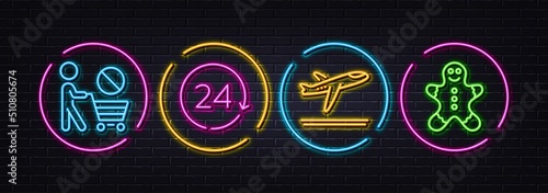 Stop shopping, 24 hours and Departure plane minimal line icons. Neon laser 3d lights. Gingerbread man icons. For web, application, printing. No buying, Time, Airport transport. Vector