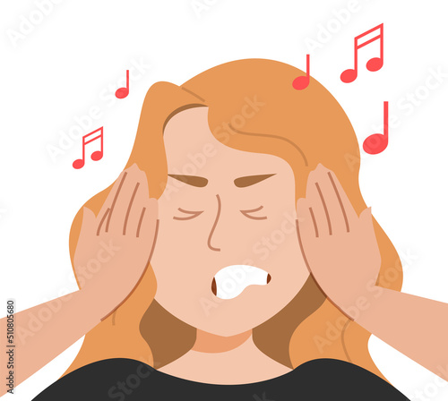 Sound sensitivity vector isolated. Woman covers her ears because of the loud noise. Unhappy person stressed, loud music sounds. Pain in the ears.