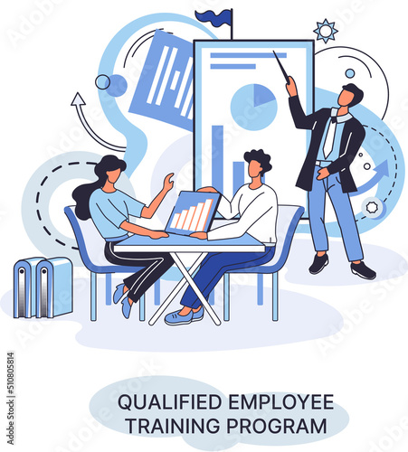 Qualified employee training program. Refresher course metaphor. Help in professional development. Learning for software development and growth. Agile project management team project life scrum meeting