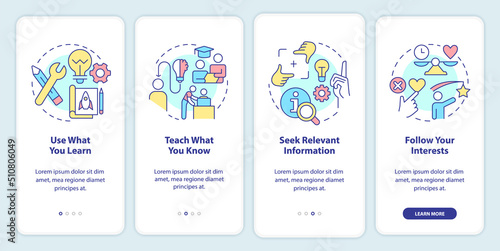 Practical learning techniques onboarding mobile app screen. Walkthrough 4 steps editable graphic instructions with linear concepts. UI, UX, GUI template. Myriad Pro-Bold, Regular fonts used