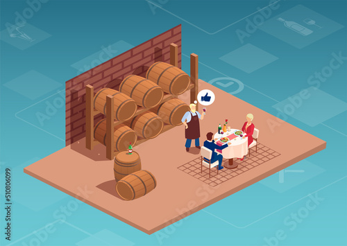 Vector of a couple dining, drinking wine in a wine cellar restaurant