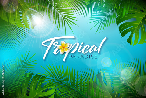Summer Holiday Design with Sunglasses and Tropical Flower on Dark Green Background. Vector Template with Typography Lettering and Palm Leaf for Banner, Flyer, Invitation, Brochure, Poster or Greeting