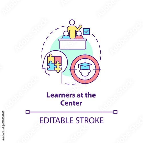 Learners at center concept icon. Student-centered education. Principle of learning abstract idea thin line illustration. Isolated outline drawing. Editable stroke. Arial, Myriad Pro-Bold fonts used