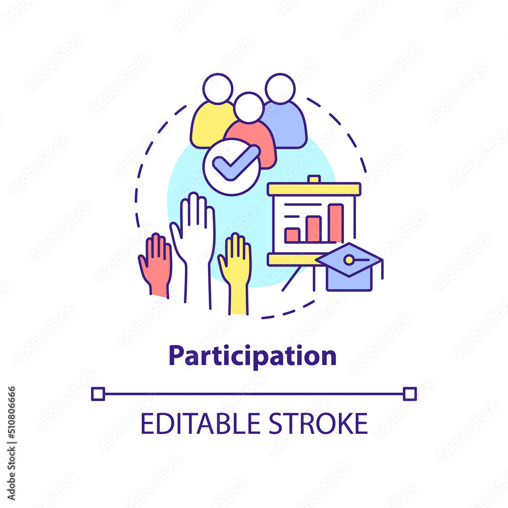 Participation concept icon. Learning process engagement. Principle of learning abstract idea thin line illustration. Isolated outline drawing. Editable stroke. Arial, Myriad Pro-Bold fonts used