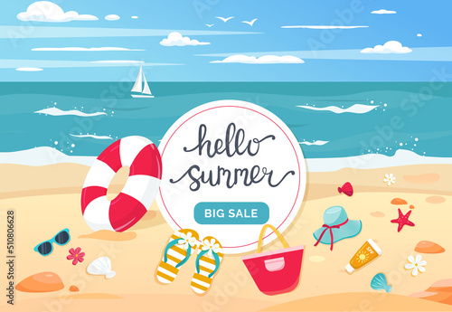 Summer sale banner. Hand drawn lettering, beach and cute elements. Template vector illustration