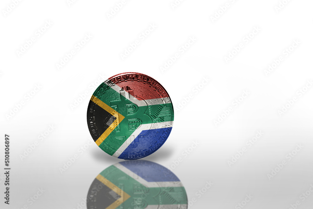 Obraz premium bitcoin with the national flag of south africa on the white background. bitcoin mining concept.