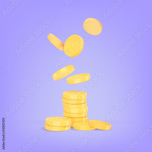 3d coin stack and flying coins on blue background. Financial success and growth concept. Vector rector cartoon illustration