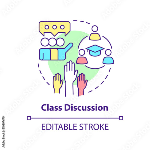 Class discussion concept icon. Group meetings. Learning environment abstract idea thin line illustration. Isolated outline drawing. Editable stroke. Arial, Myriad Pro-Bold fonts used