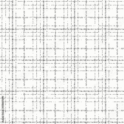 Abstract vector background with glitch grid distortion. Seamless noise texture monchrome backdrop. Brushstroke black and white weave plaid style fine broken lines. Irregular check repeat. For print