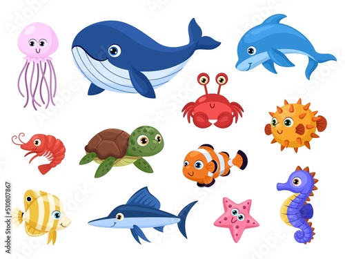 Cartoon sea animal. Tropical ocean animals, funny fish, turtle and dolphin. Cute whale and jellyfish, marine creature. Garish underwater vector characters