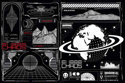 Trendy brutalism style posters with geometric shapes frames, mountains, planet. Modern minimalistic futuristic print with elements of games. Sci fi and HUD box elements for Futuristic design. Vector 