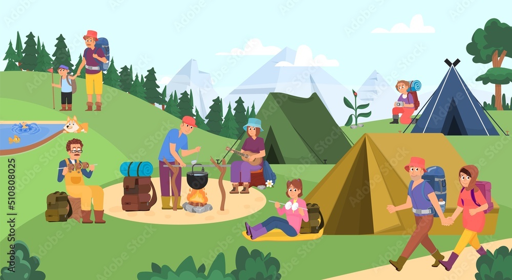 Naklejka premium People in camping. Girl forest vacation, outdoor camp trip with backpack and tent. Adult and children rest on nature, adventures decent vector scene