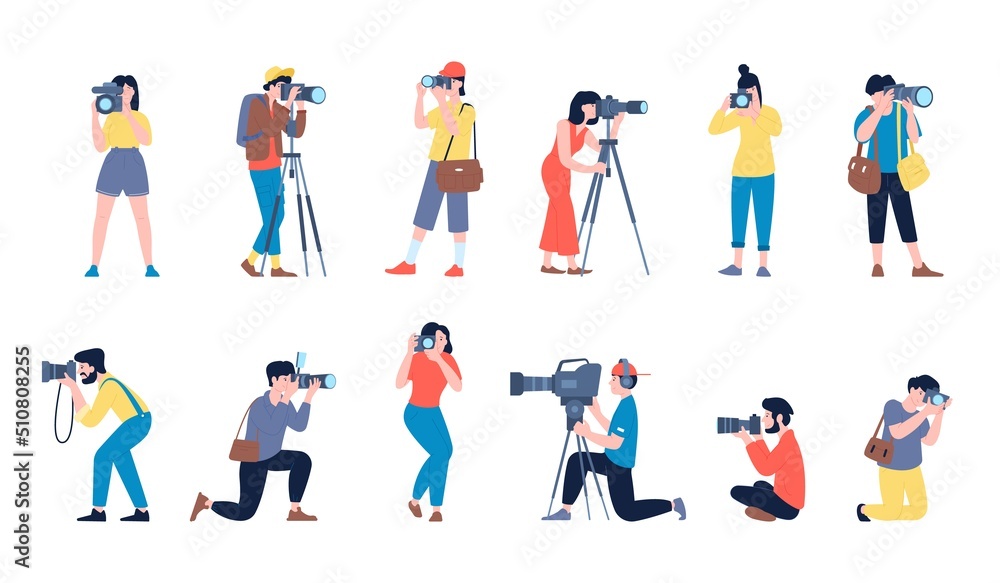 Photographers. Creative job, photographer with camera and tv operator. Man making artistic picture, isolated cartoon paparazzi recent vector set