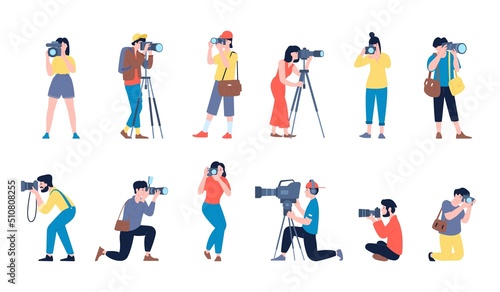 Photographers. Creative job, photographer with camera and tv operator. Man making artistic picture, isolated cartoon paparazzi recent vector set