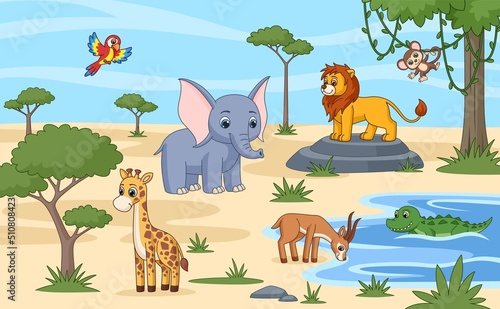 Savanna animals drink and rest. Animal africa cartoon landscape  wild exotic forest panorama. Cute elephant  parrot bird  giraffe and lion  zoo garish vector scene