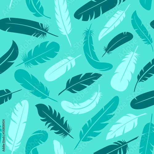 Bird feather seamless pattern. Blue feathers silhouettes print, multicolor beauty plumage elements silhouettes. Boho vintage tidy vector texture