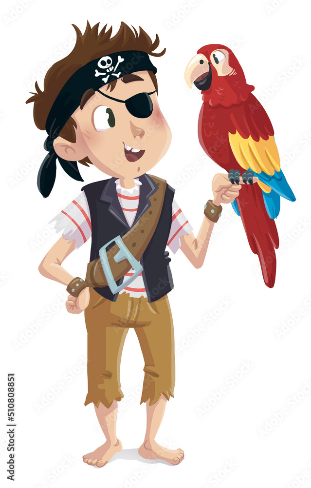 Children's illustration of a pirate boy with his parrot - obrazy, fototapety, plakaty 