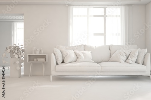 Mock up of minimalist living room in white color with sofa. Scandinavian interior design. 3D illustration