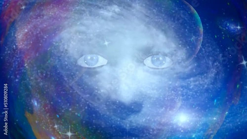Woman face in colorful space. Animation