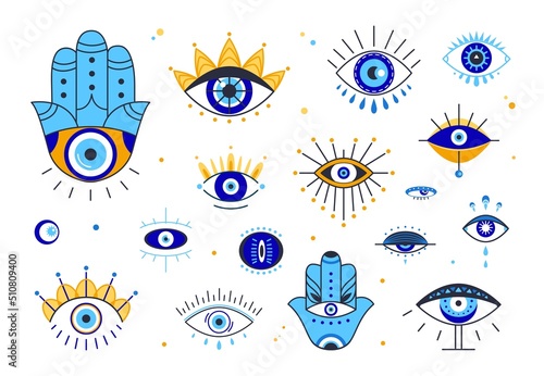 Doodle occult eyes. Tribal esoteric line eye, tattoo stencil. Greek or turkish protection ethnic symbols. Magic spiritual art elements, mystical classy vector set