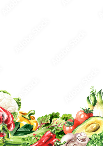 Vegan Menu. Fresh vegetables. Hand drawn watercolor illustration isolated on white background