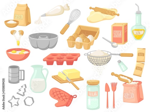 Cartoon baking ingredients. Bake products, yeast and oil, eggs and flour pack. Home making dessert, sugar milk salt for cooking. Bakery elements neat vector clipart