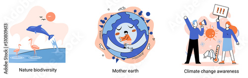 Change climate awareness, saving planet, World Environment Day, global warming ecological problems. Mother Earth day, nature biodiversity metaphor set. Care for surroundings eco concept