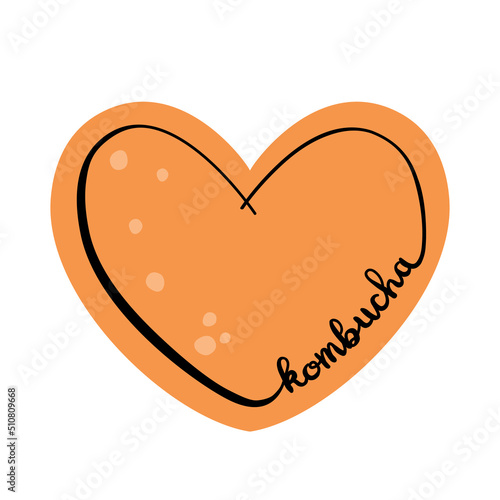 Kombucha tea vector heart logo sticker. Healthy fermented probiotic tea drink icon label.