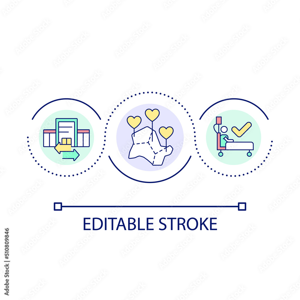 Investment in public hospitals loop concept icon. Public health care system improvement abstract idea thin line illustration. Isolated outline drawing. Editable stroke. Arial font used