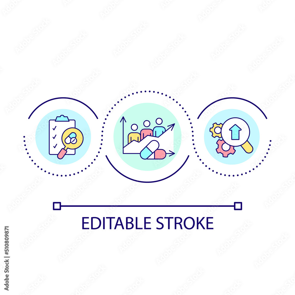 Clinical research and quality improvement loop concept icon. Health care abstract idea thin line illustration. Analyze patient outcomes. Isolated outline drawing. Editable stroke. Arial font used