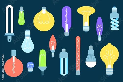 Light bulbs collection. Electrical bulb, lightbulb minimal design. Innovation or new idea, technology and creative lamps. Flat doodle recent vector set