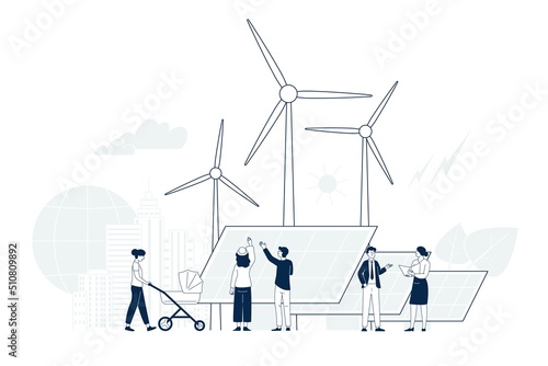 Alternative energy. Solar panel and windmill, creative use sun light for power. Eco city concept, electricity industries and station, recent vector landscape