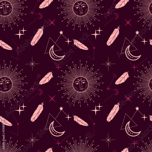 Bohemian seamless pattern with sun, moon, stars and constellation. Vintage style. Gypsy and hipster vector illustration. Astronomy and astrology symbol.