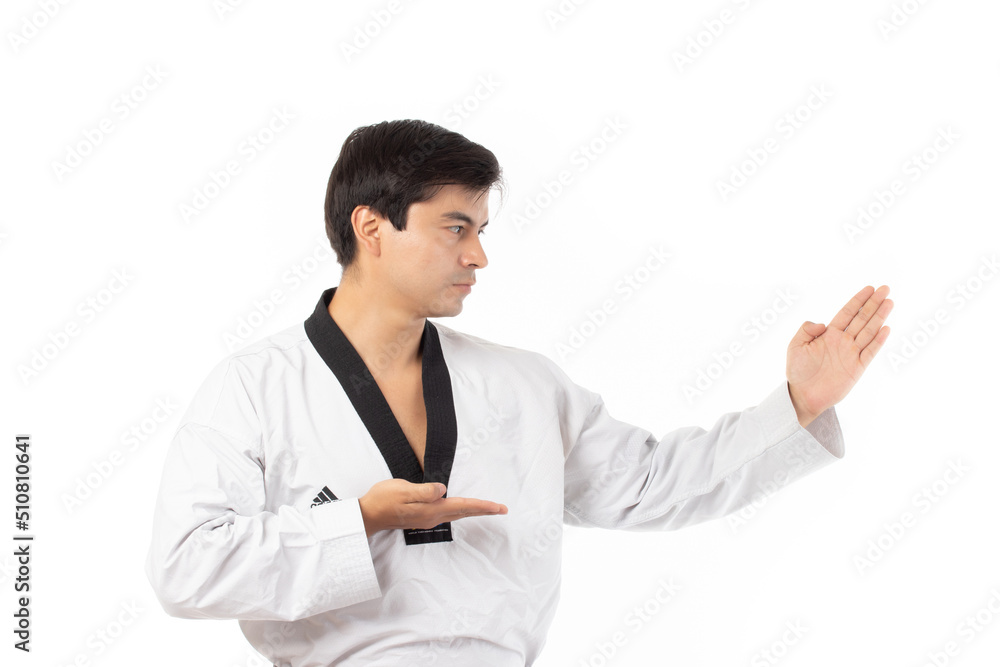 Professional fighter, Karate man in kimono exercising combat sport isolated on white background Professional fighter, Karate man in kimono exercising combat sport isolated on white background