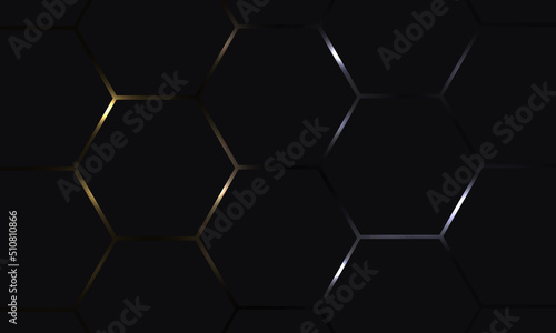 Black hexagon abstract technology background with gold and silver colored bright flashes under hexagon. Black hexagonal luxury elegance vector abstract technology background.