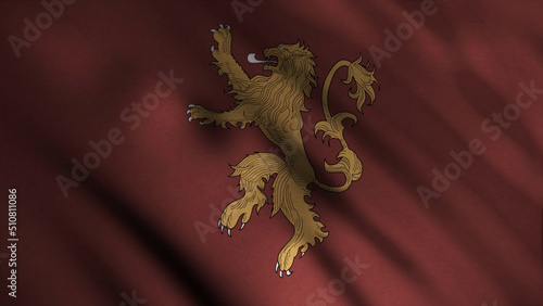 Silhouette of golden lion standing bravely on two legs on background of developing red flag. Animation. Emblem of house Lannister. Concept of series Game of Thrones photo