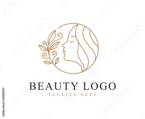 Beauty logo with woman head inside circle and leaf floral flower design Vector