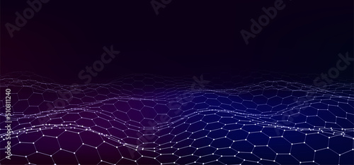 Futuristic vector hexagon wave. Dark cyberspace. Abstract wave with dots and line. White moving particles on background.