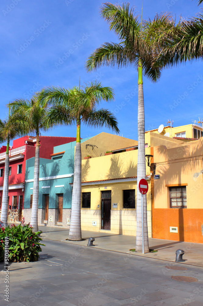 Colourful houses and palm trees on street in Puerto de la Cruz, Tenerife, Canary Islands