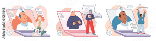 Online medical consultation and support metaphor. Online doctor. Healthcare services, Ask doctor. Tele medicine e-health service. Therapist videocalling phone screen. Diagnosis treatment of patients