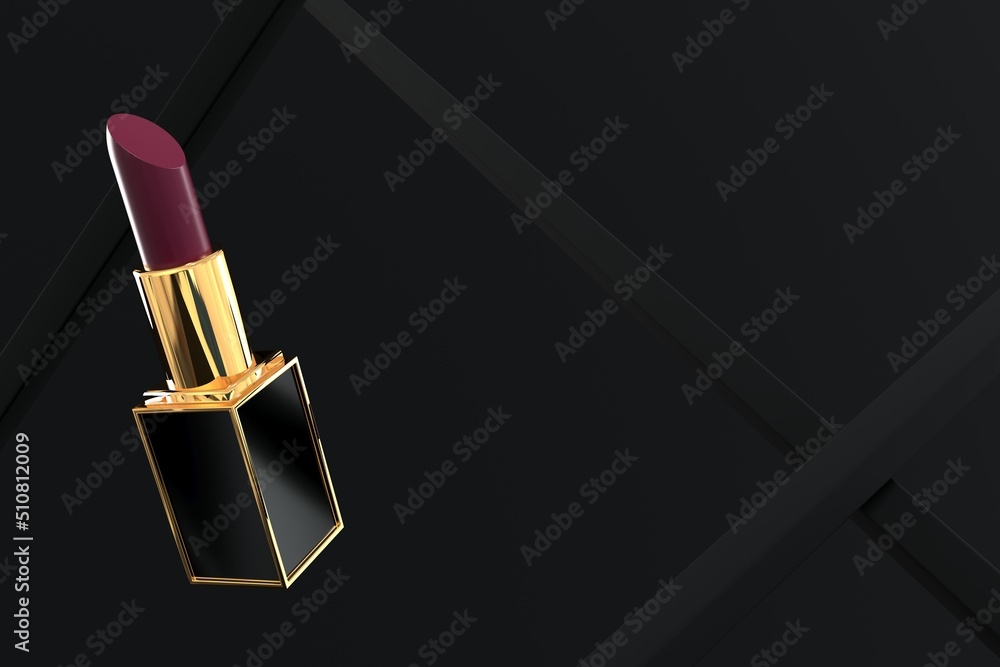 New tube of purple lipstick on abstract background, makeup product model - obrazy, fototapety, plakaty 