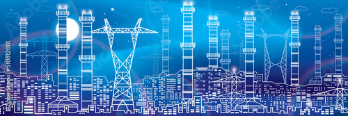 Power plant, energy industry outlines illustration panorama, urban night scene. Neon glow. Pipes and power lines. Factory infrastructure. Vector design art