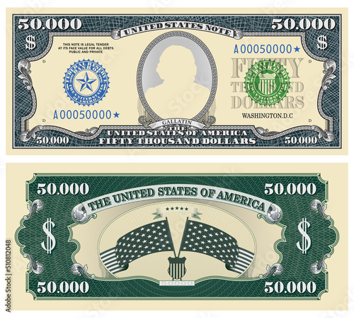 Fictional template obverse and reverse of US paper money. Fifty thousand dollars banknote. Empty oval and guilloche frames. Wavy striped stary flag