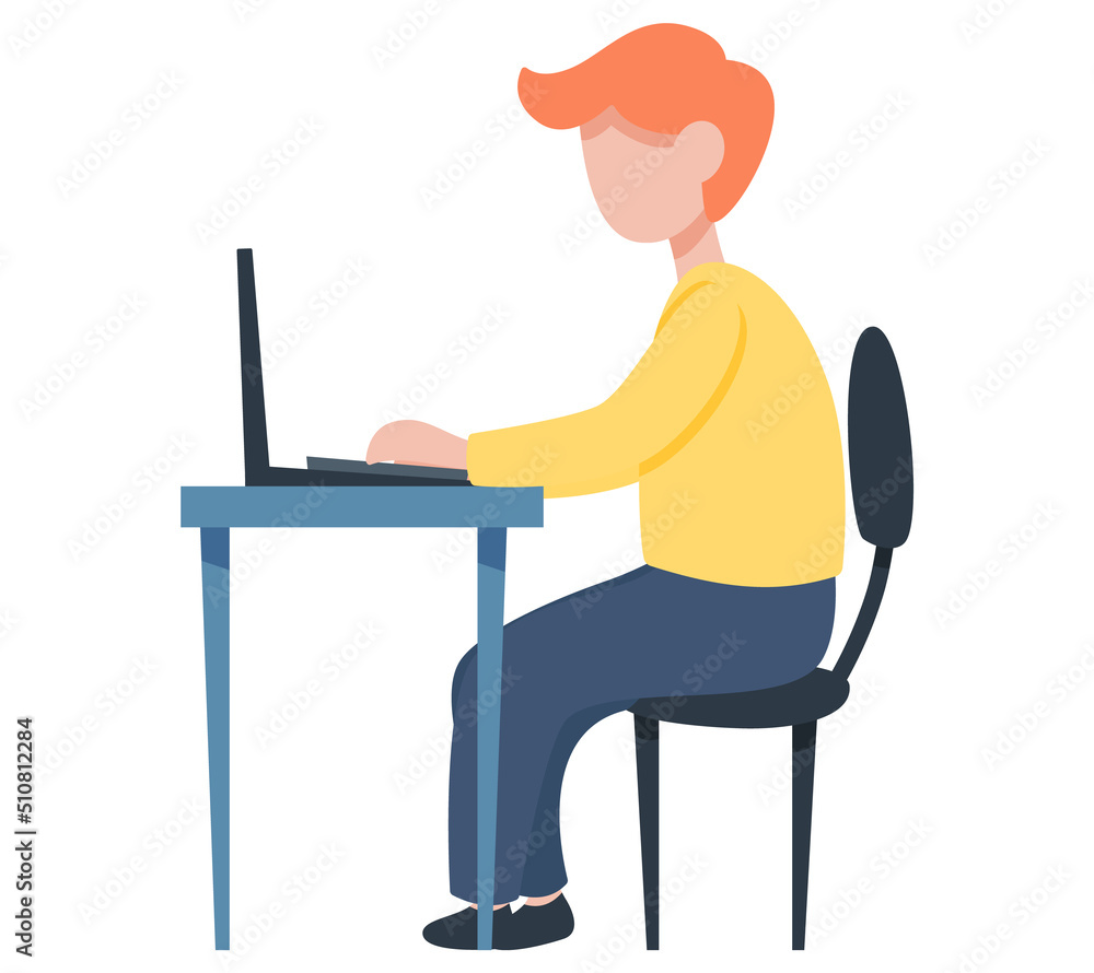 Man working at office with computer at workplace. Employee manager or businessman sitting at desk, looking at laptop, writing notes, doing tasks. Effective time management, workspace, workflow